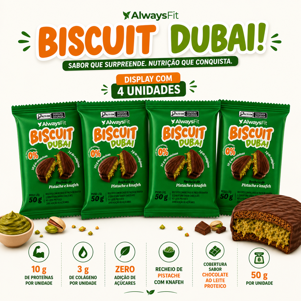 Display 4x Alfajor Biscuit Dubai Pistache + Knafeh – Snack Proteico Always Fit