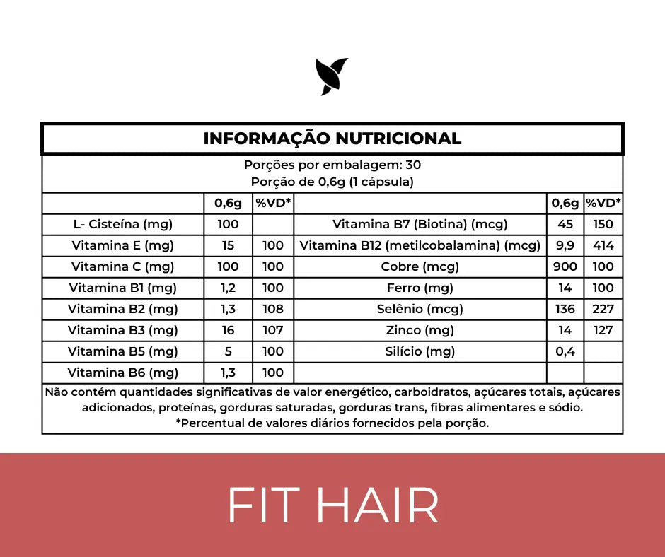 FitHair - Biotina, Zinco, Ferro, Cobre, Cisteína e + Vitaminas - 30 Cápsulas