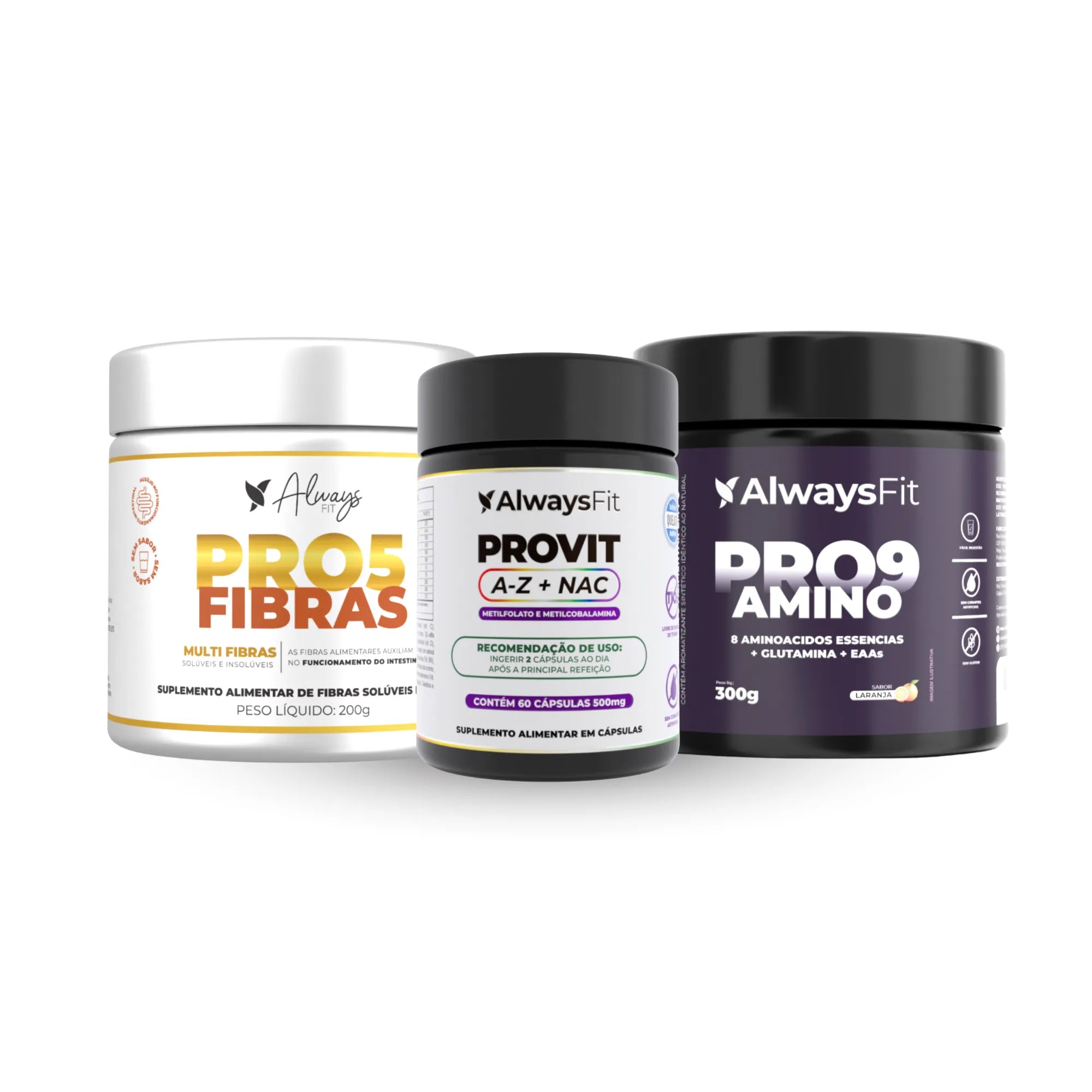 Kit Suporte Always Fit: aminoácidos, fibras e multivitamínico com NAC.