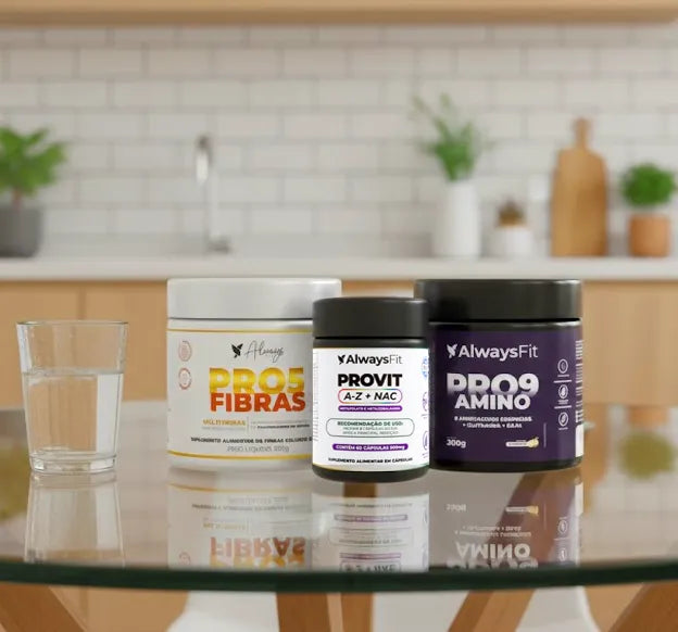Kit Suporte Always Fit: aminoácidos, fibras e multivitamínico com NAC.