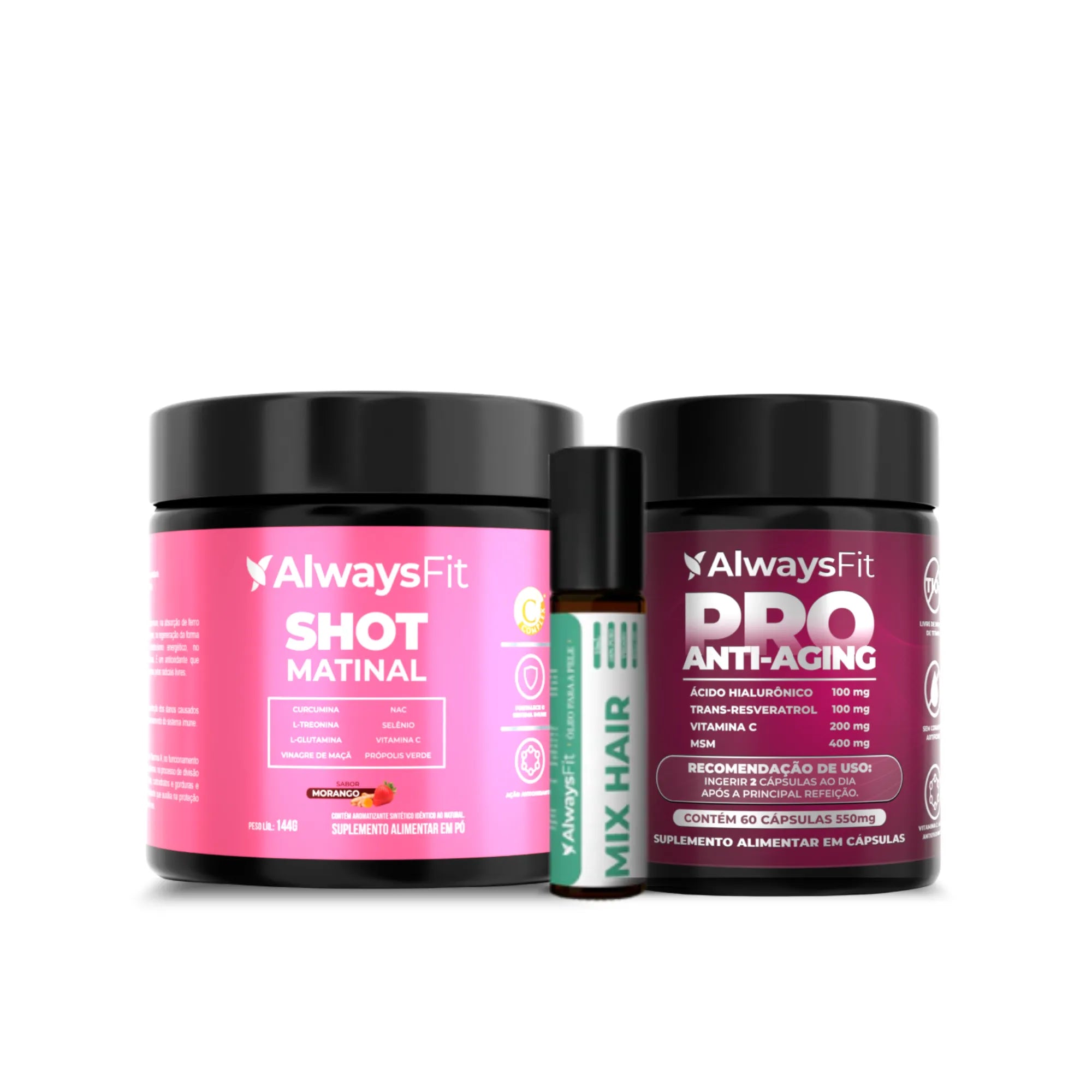 Kit 25 - Pro Anti-Aging + Roll-On Cabelo + Shot Matinal Morango